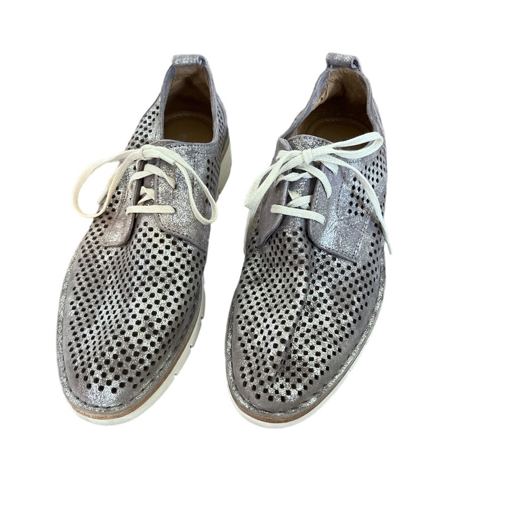 Trask Lena Perforated Metallic Leather Sneaker Silver Size 8